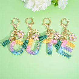 Gold Glitter A-Z 26 Letters Keychain With Pink Flower Colorful Sequins Filled Acrylic Keyrings For Women Handbags Accessories