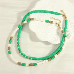 Choker Retro Green Soft Pottery Beads Necklace Bohemian Double Stacked Copper Gold Plated Metal Beaded Summer Jewellery Wholesale