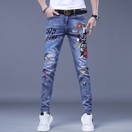 Mens Jeans Fashion Printed Korean Brand Embroidery Badge Pattern Youth Ripped Small Feet Teenagers Cowboy Pencil Pants 230810