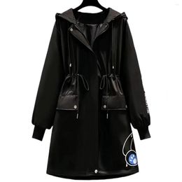Women's Trench Coats Women Autumn Winter Korean Hooded Print Doodle England Style Lace-up Loose Female Clothing Tops
