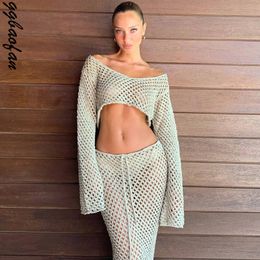 Basic Casual Dresses Ggbaofan Elegant Knitted Sexy Hollow Out Top And Skirt Co Ords 2 Piece Set Fashion Outfits Holiday Beachwear Matching Sets 230809