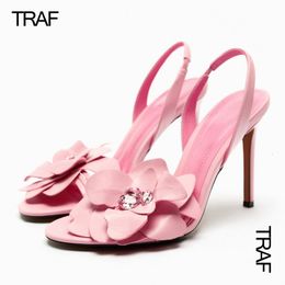 Dress Shoes TRAF Women's Pumps Flower High heels Summer 2023 Highheeled Sandals Pink Green Slingback Stiletto Peep toe Heels Round Heel 230809