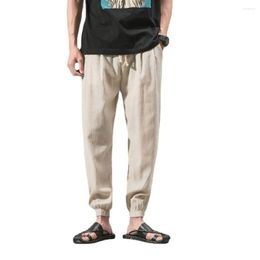 Men's Pants Summer Casual Daily Wear Solid Full Length Cotton And Linen Mid Waist Pocket Drawstring Trousers Streetwear