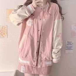 Women's Jackets HOUZHOU Japanese Y2k Bomber Jacket Women Kawaii Oversize College Baseball Pink Cute Korean Fashion Streetwear Varsity