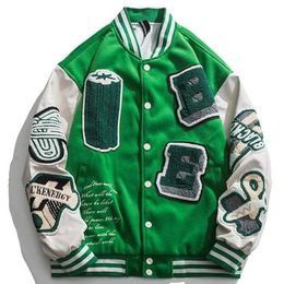 Mens Jackets Men Retro Green Varsity Jacket Couple Street Spring Patchwork Colour Block Letter Embroidery Bomber Hip Hop College Coats 230810