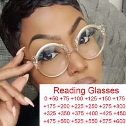 Reading Glasses Gold Clear Carving Round Reading Glasses Women Unique Vintage Prescription Eyeglasses Metal Frame Blue Light Blocking Glasses 230809