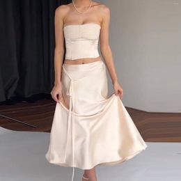 Two Piece Dress Women Strapless Top Long Skirt Solid Color Ladies Tie Up Shirt Off Shoulder Backless Y2K Style Cocktail Party Clothing