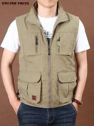 Men's Vests Men's Thin Tooling Loose Quick Drying Vest Men's Outdoor Sports Coat Multi Pocket Stand Collar Vest Spring Camping Fishing Vest 230809