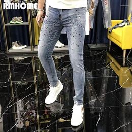 Men's Jeans Jean Hip-hop Rivet Heavy Craftsmanship Male Pants Personalized Elastic Slim Fit Small Feet Long Trousers Man Streetwear