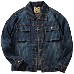 Mens Jackets Washed denim jacket mens high street workwear old striped fall casual allinone top 230810