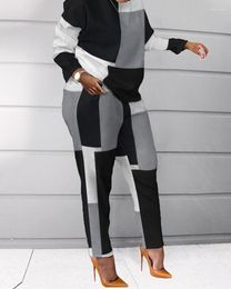 Women's Two Piece Pants Women Sets Of Printed Black And White Grey Block Pattern Long Sleeve Round Neck Pullovers Two-piece Straight