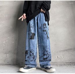 Men's Jeans Retro Men Anime Print Baggy Casual Straight Trouser High Street Streetwear Denim Pants Fashion Cowboy