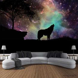 Tapestries Wolf Moon Tapestry Wall Hanging Fantasy Starry Sky Animal Hippie Bohemia Large Fabric Forest Tapestry Room Art Can Be Customized R230810