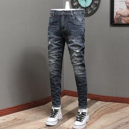 Men's Jeans Fashion Designer Men Vintage Blue Stretch Elastic Slim Fit Ripped Hole Trousers Casual Retro Denim Pants Hombre