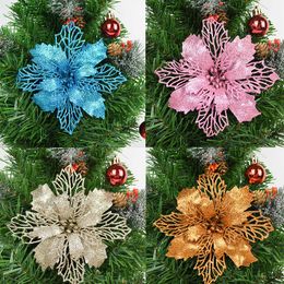 Decorative Flowers Wreaths 5Pcs 9-16cm Christmas Ornament Flower Glitter Artificial Flowers Head For Christmas Tree Year Home Decor DIY Wreath Supplies 230809