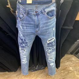 Men's Jeans 2023 Men Fashion Brand Slim Hole Ruffian Denim Pant Ins Korean Version Letter Embroidery Straight Leg Pants Ripped Tight Jean