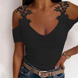 Women's Blouses Fashion Women Summer Top Hollow Out Shoulder Short Sleeves Lace Flower Decor Solid Colour U Neck Slim Fit Soft Lady T-shirt