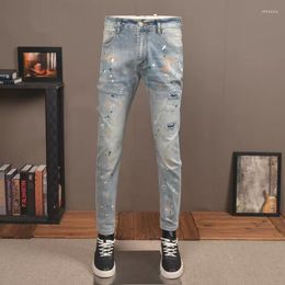 Men's Jeans Fashion Designer Men Retro Light Blue Stretch Slim Fit Ripped Streetwear Elastic Painted Hip Hop Pants Hombre