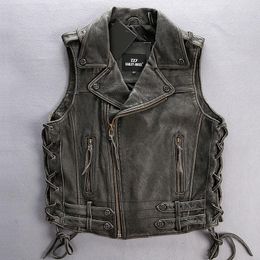 Men's Vests 5 Days Arrival Vintage Cowhide Genuine Leather Motorcycle Rider Vest Black Sleeveless Jacket