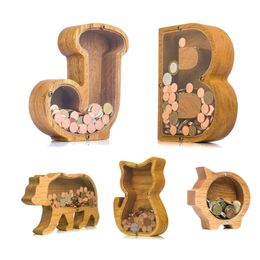 Decorative Objects Figurines 26 Letter Wooden Piggy Bank with Name Sticker Personalized Transparent Glass Money Box for Kids Children Gift Home Decoration 230810