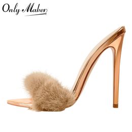 Sandals Onlymaker Women Peep Toe Mules Artificial Fur Slip On Gold White Thin High Big Size Quality Summer Brand Heels 230810