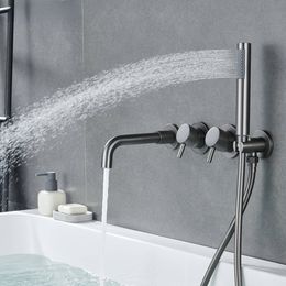 Bathroom Shower Faucet Set With Handshower Diverter Valve Holder Brass Wall Mount Spout Bathtub Mixer Bath Dual Handle Mixing