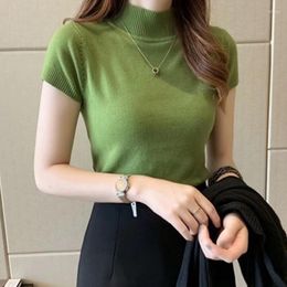 Women's Sweaters 2023 Solid Knitted Pullovers For Women Half High Collar Tunic Jumper Pull Femme Fashion Short Sleeve Casual Y2k Sweaterr