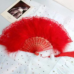 Chinese Style Products Feather Hand Fans for Wedding Bridal Sweet Fairy Girl Feather Folding Fan Dance Hand Fan Art Craft Gift Party Home Decor