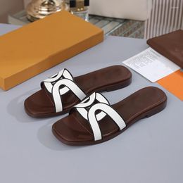 Slippers Metal Twist Buckle Real Leather Sandals 2023 Summer Fashion Hollowed Out Open-Toe Beach Shoes Leisure Comfortable Flats