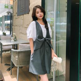 Women's Tracksuits T-shirt And Strap Shorts Two Piece Sets 2023 Summer Women Elegant Korean Loose V-neck Bow Casual Wide Leg Overalls Romper