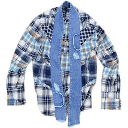Mens Jackets GL Style Vintage Patchwork Plaid Khaki Striped Shirt Cardigan Tees Streetwear Mid length Casual Taoist Robe Coat 230810