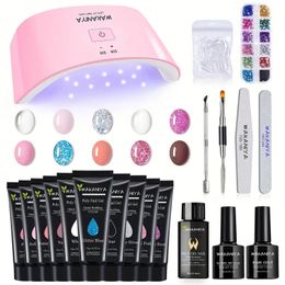 Quick Nail Extension Gel Builder With UV Lamp 10 Glitter Colours Poly Gel, Slip Solution Nail Strengthener Rhinestone, For Nail Beginner Starter Kit DIY Nail Art