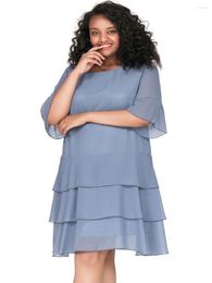 Plus Size Dresses Elegant Summer Half Sleeve Party Dress Women Sky Blue Causal Midi Tiered Large O-Neck A-line 6XL 7XL