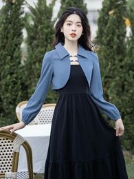 Work Dresses French Retro Style 2 Piece Set Elegant Autumn Women Sets Black Strap Skirt Blue Design Short Coat Korean Casual Outfits Female