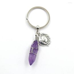 Keychains FYSL Silver Plated Circle Hexagon Prism Amethysts Stone Sun Key Chain Opalite Opal Trendy Jewellery