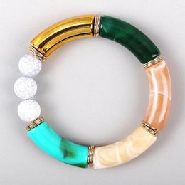 Charm Bracelets Bohemian Colourful Resin Bamboo Couple Acrylic Curved Tube Beads Elastic Bracelet Bangle Jewellery For Woman Gifts