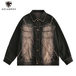 Mens Jackets Harajuku Cool Men Rawedge Sprayed Color Washed Denim jacket Fashion Lapel Single Breasted Oversized Jacket Coat and Women 230810