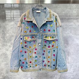 Men's Jackets Top Quality Trendy Heavy Industry Diamond Inlaid Colour Coat Women Denim Jacket Fashion Style Hip Hop Ripped Jeans 230809