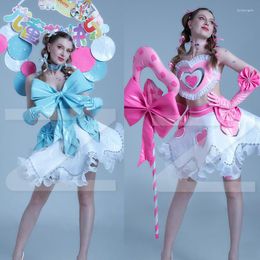 Stage Wear Women Party Gogo Costume Cute Blue Pink Leather Top Tutu Skirt Jazz Dance Clothing Rave Outfit Performance XS6433