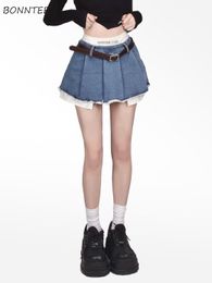 Skirts Fake Two Pieces Denim Skirts with Lining Women Mini Summer Chic Sexy Girls Preppy Ulzzang Ins Pleated Irregular Y2k Streetwear 230809
