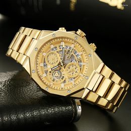 Wristwatches Men's Wrist Watches 2023 Top WIN Stainless Steel Chronograph Gold Men Quartz For Male Clock Dropship
