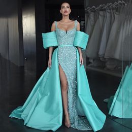 Newest Sequin Mermaid Evening Dresses with Detachable Train Spaghetti Strap Side Split Celebrity Dress Beadings Satin Overskirt Special Occasion Wear