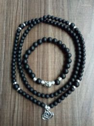 Strand 2pc Set Matte Black Onyx Bracelet 108 Mala Beads Lotus Pendant Yoga Prayer Bracelets 1 Lap / 4 Laps