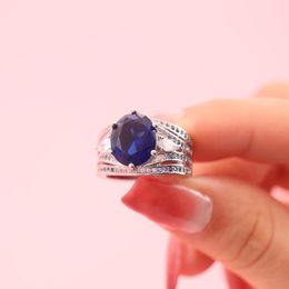 Wedding Rings Hainon Blue Cubic Zirconia Wide-Faced Hollowed Out Ring Silver Plated Romantic Bride Ceremony Jewellery