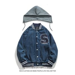 Mens Jackets Spring Letter S Embroid Hooded Removable High Streetwear Men Denim Jean Jacket Unisex Women Baseball Varsity Coat Couple Bomber 230809