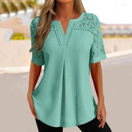 Women's Blouses Hollow Jacquard Sleeve T-shirt Floral Lace Stitching V-neck See-through Short Tops For Women With Loose Hem Solid