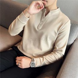 Autumn New Solid Waffle Long Sleeve Stretched T Shirts For Men Clothing 2022 V Neck Button Decor Slim Fit Casual Tee Shirt Homme