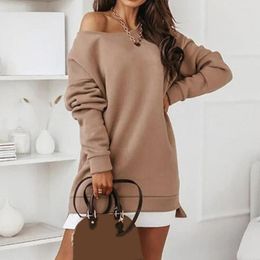 Casual Dresses Womens Spring Round Neck Fleece Plain Sweatshirt Jumper Dress Pullover Regular Loose Mini For 2023