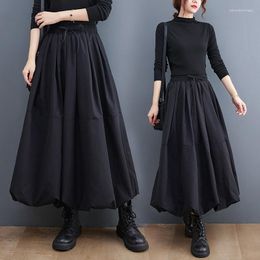 Skirts Vintage Black High Waist Pleated Skirt Women Plus Size Fashion Drawstring Loose Casual Midi Autumn Winter Ball Gown
