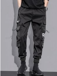 Mens Pants Man Cargo Slim Pencil Mid Elastic Waist High Street Streetwear Autumn Thin Functional Wind Trousers 230809